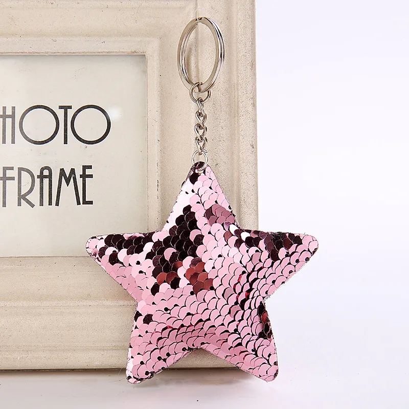 Cute Shiny Five Star Keychain Fashion Pompom Sequins Key Chain Keyrings for Women Car Bag Pendant Jewelry  Birthday Gift K2121