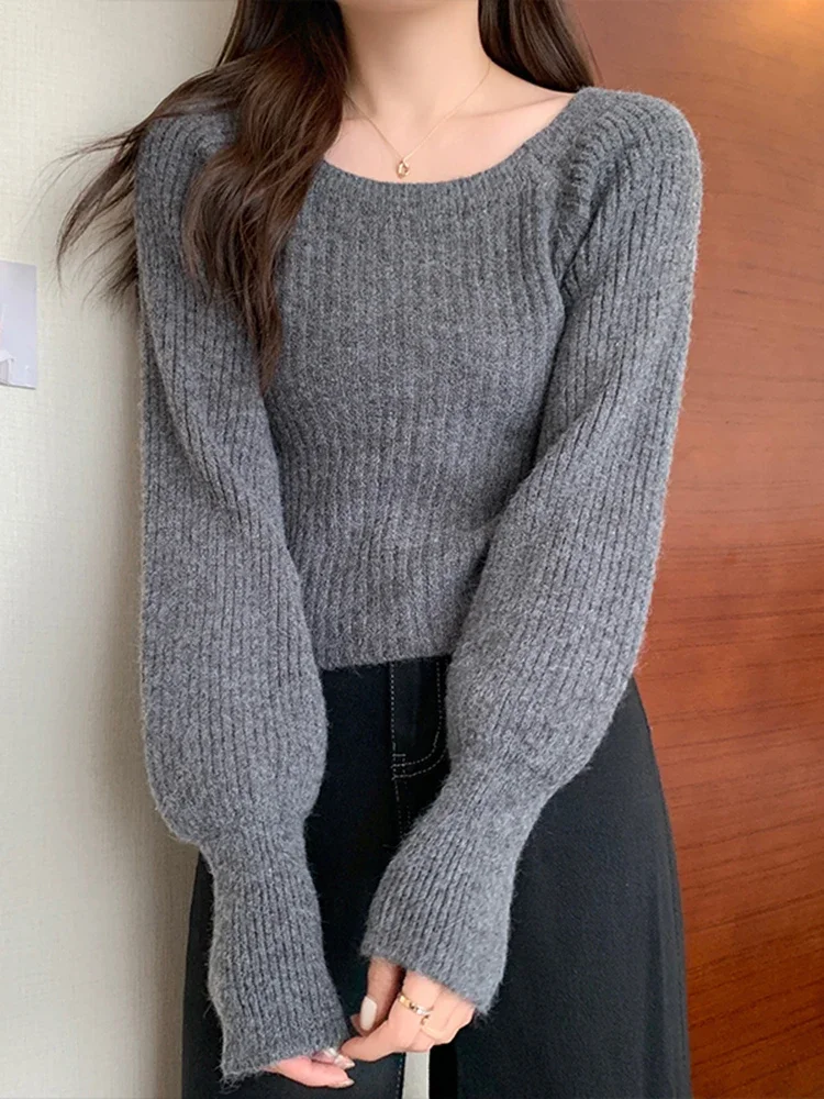 Осень-зима, свободные женские свитера, повседневные мягкие пуловеры с длинными пышными рукавами, джемперы, трикотаж, базовый свитер для женщин, топы