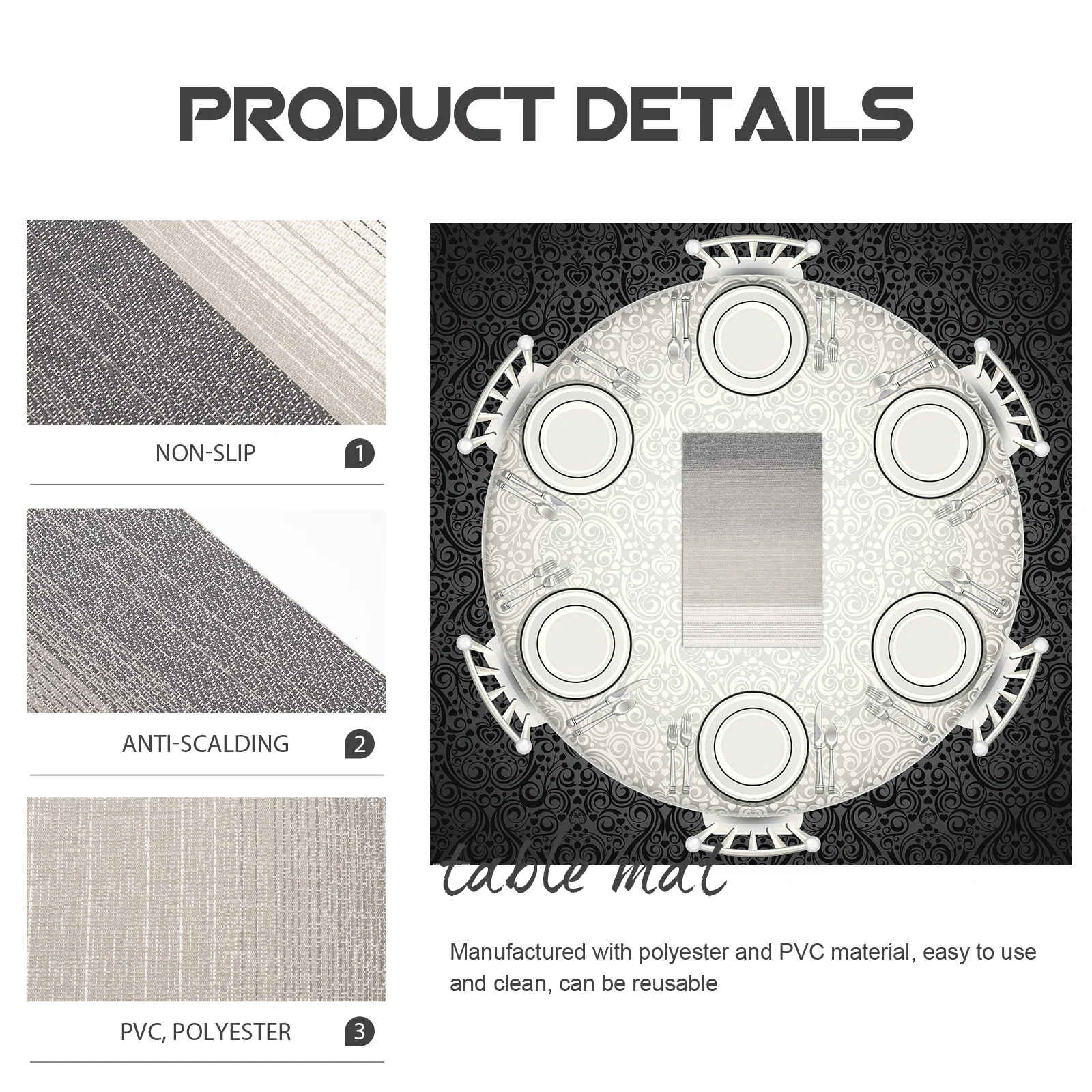 

6Pcs Stripe Heat-Resistant Placemat Non-Slip Anti-Scald Rectangular Dining Table Mat Kitchen Patio Countertop Protector