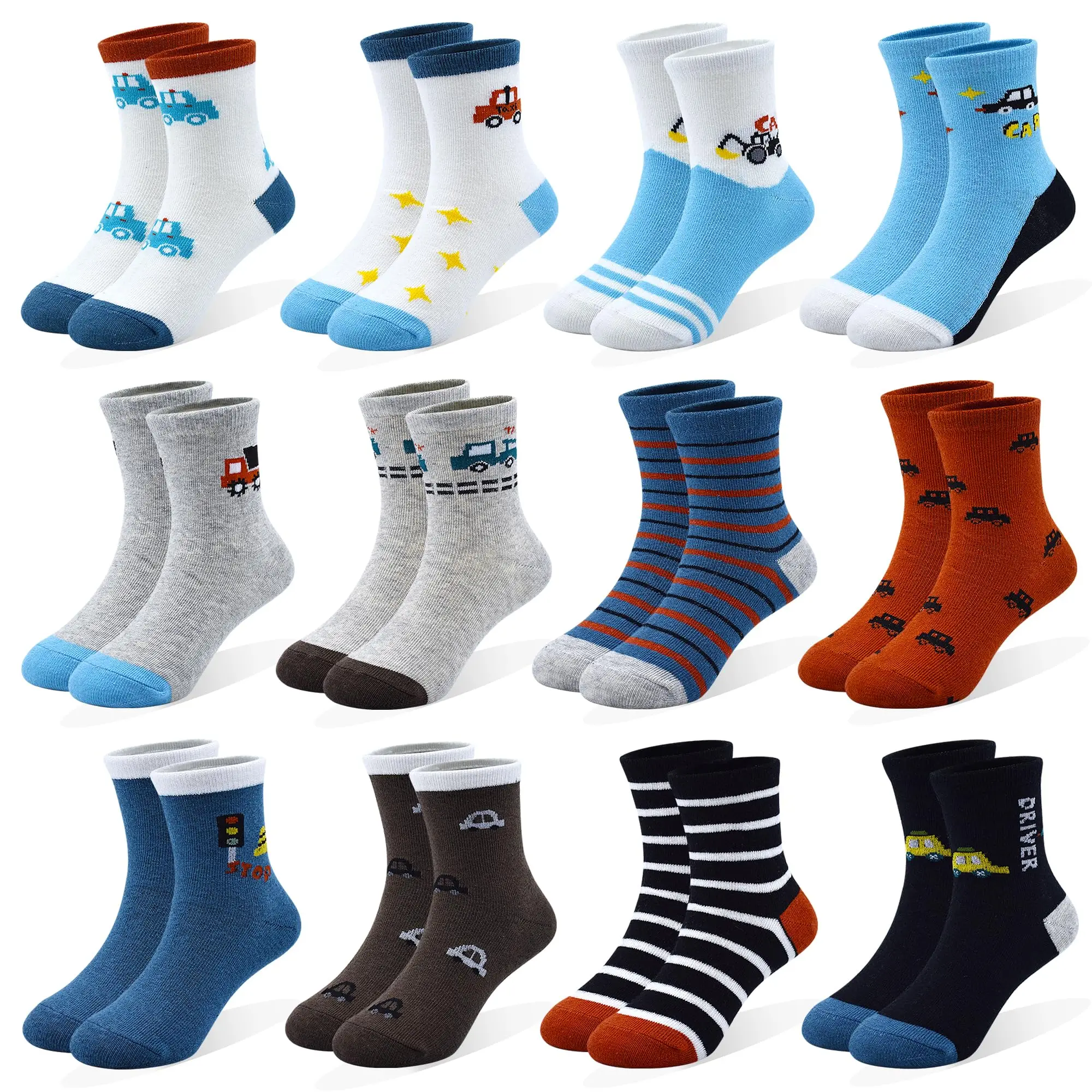 

12 Pairs Cartoon Pattern Crew Socks for Boys, Suitable for Ages 1-7,All-Season Wear