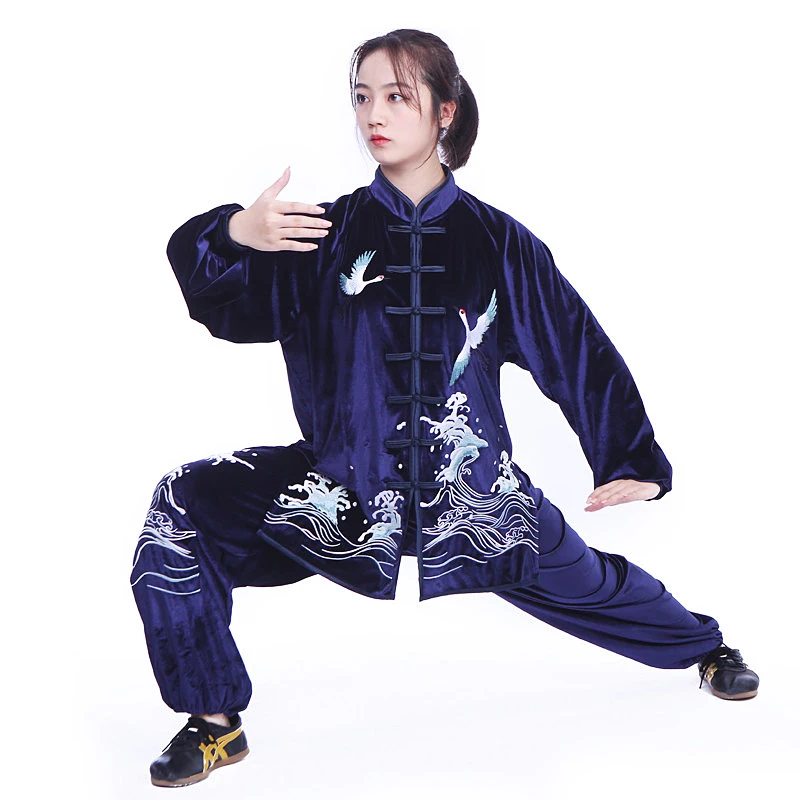 New Unisex Autumn-Winter Warm Thick Velvet Embroidered Tai Chi Practice Uniform for Martial Arts Performance and Daily