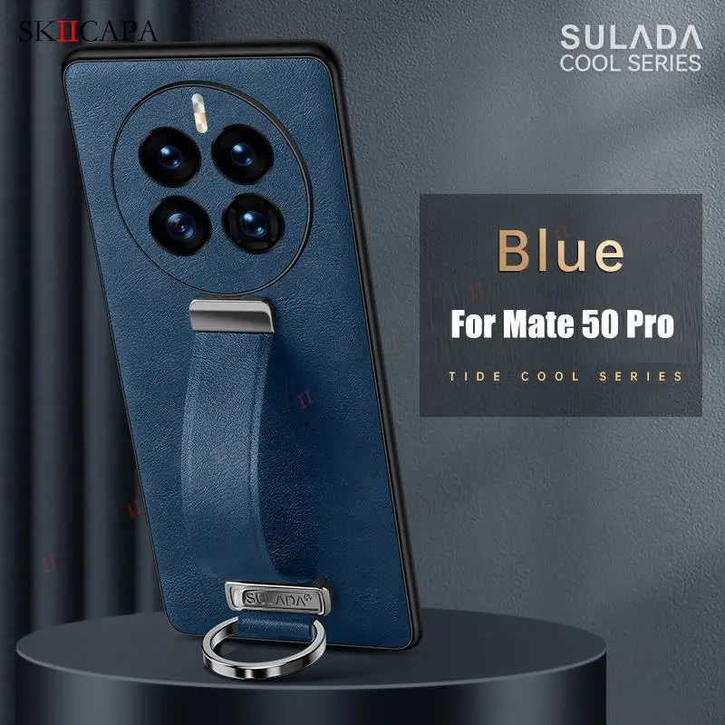 

Кожаный противоударный чехол для телефона Huawei Mate 50 Pro, металлический держатель с кольцом, кронштейн, чехол для Mate 50 40 30 Pro, чехол-подставка с ремешком на запястье