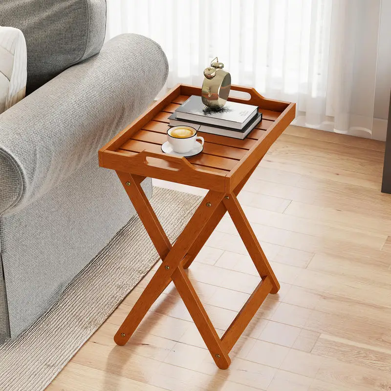 

Outdoor Wood Tray Table Portable Side End Table with Folding Frame