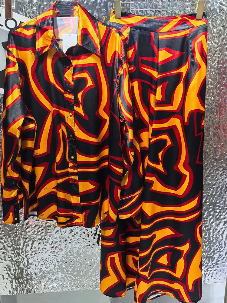 Retro autumn abstract printed satin suit women's new long-sleeved lapel shirt elastic waist wide-leg trousers holiday two-piece