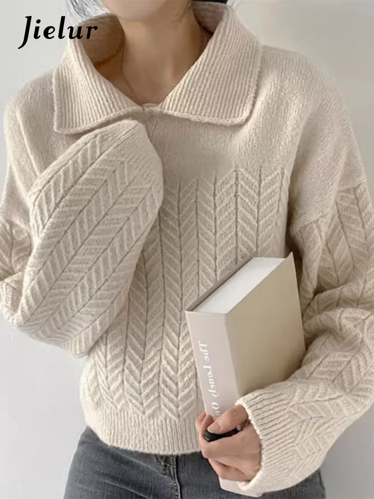 Jielur French Retro Solid Color Slim Women Pullovers Simple Basic Fashion Pullovers Female Apricot Gray Coffee Knitted Top Woman