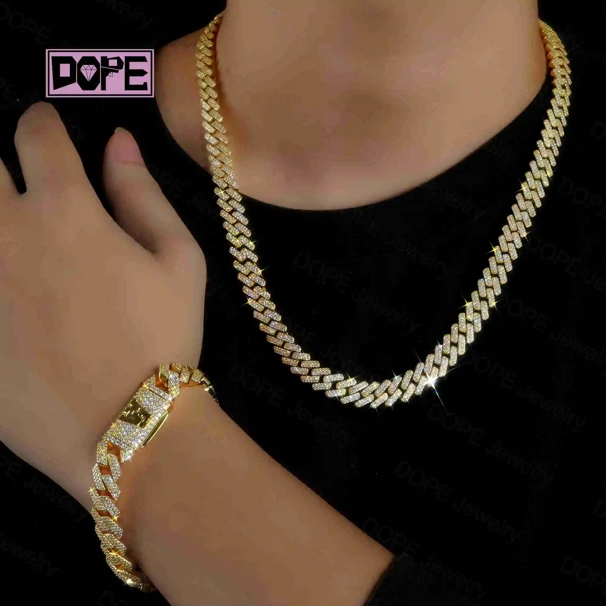 Cuban 12mm Chain Sparkling Iced Out Men 925 Silver Real 18k Gold Plated VVS Moissanite Cuban Link Chain.