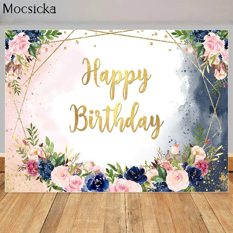 

Happy Birthday Backdrop for Navy and Blush Floral Decor Banner Photography Background Custom Cake Table Photoshoot Photo Props