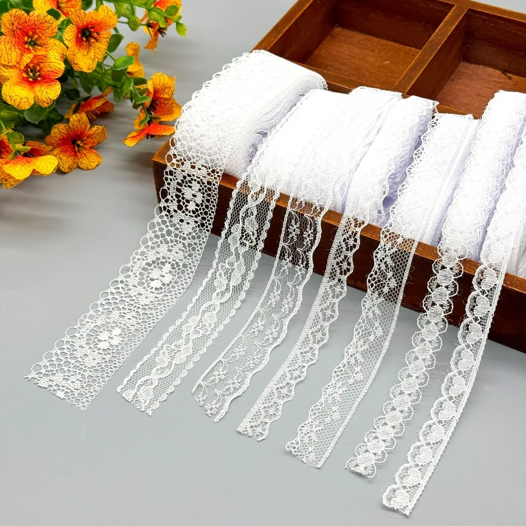10M/70M Weißes Polyester-Spitzenband 7 Stile Blumenmuster-Netzband zum Nähen von Hochzeitskleidern Geschenkverpackung DIY-Basteln