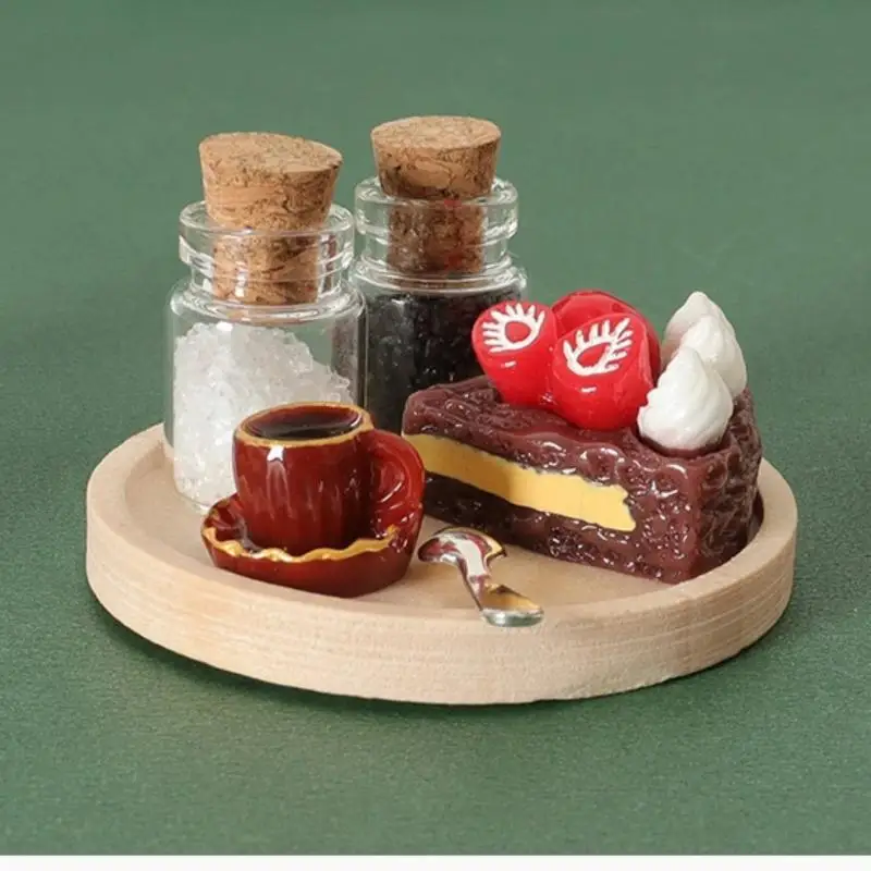 6 pezzi in miniatura vassoio di legno tazza di caffè zucchero caffè bottiglia di vetro dessert torta giocattolo casa delle bambole realistico cibo simulazione ornamento
