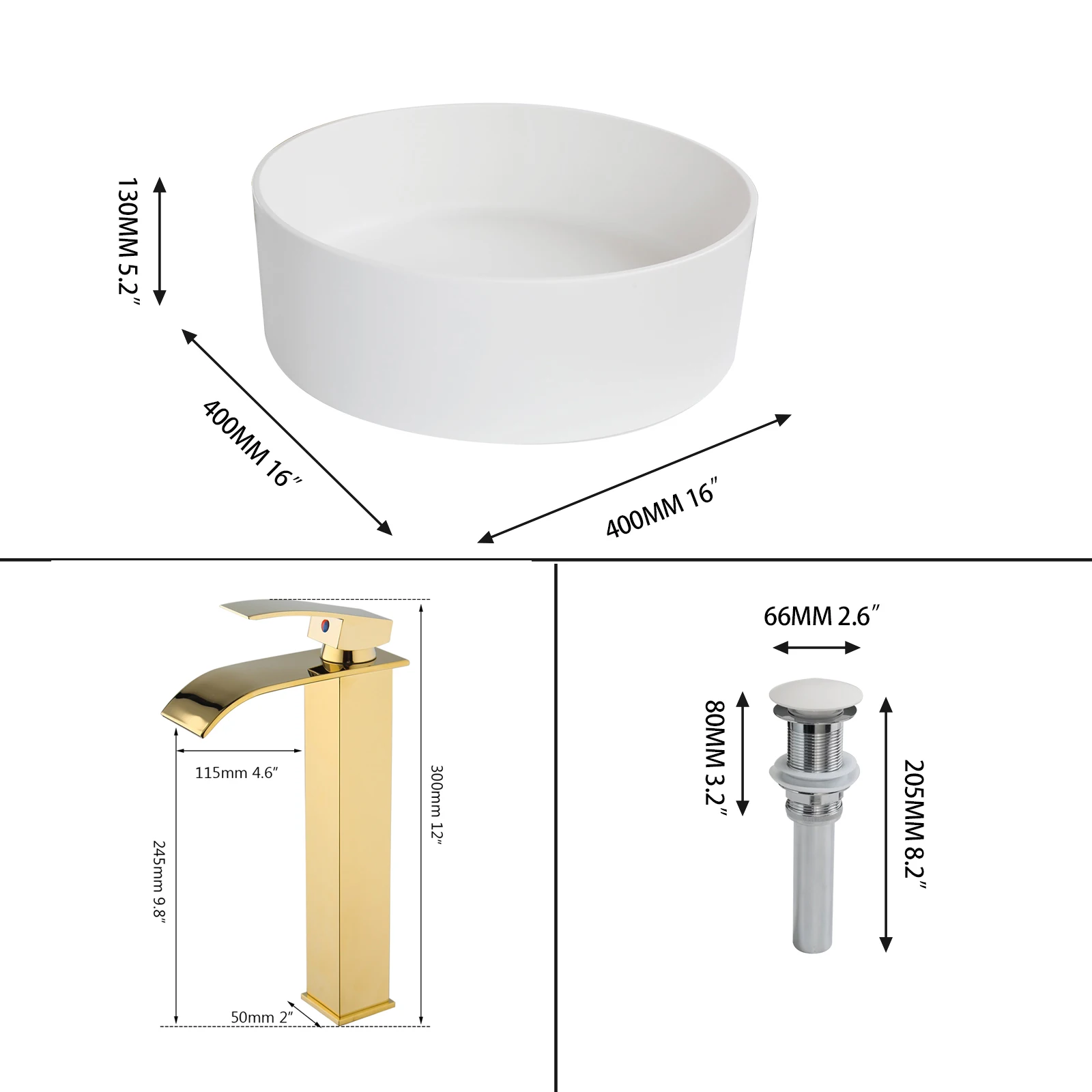 Torayvino Artificial Stone White Sink Bathroom Basin Set With Golden Faucet And Drain Large Capacity Paired Hot Cold Mixer Taps