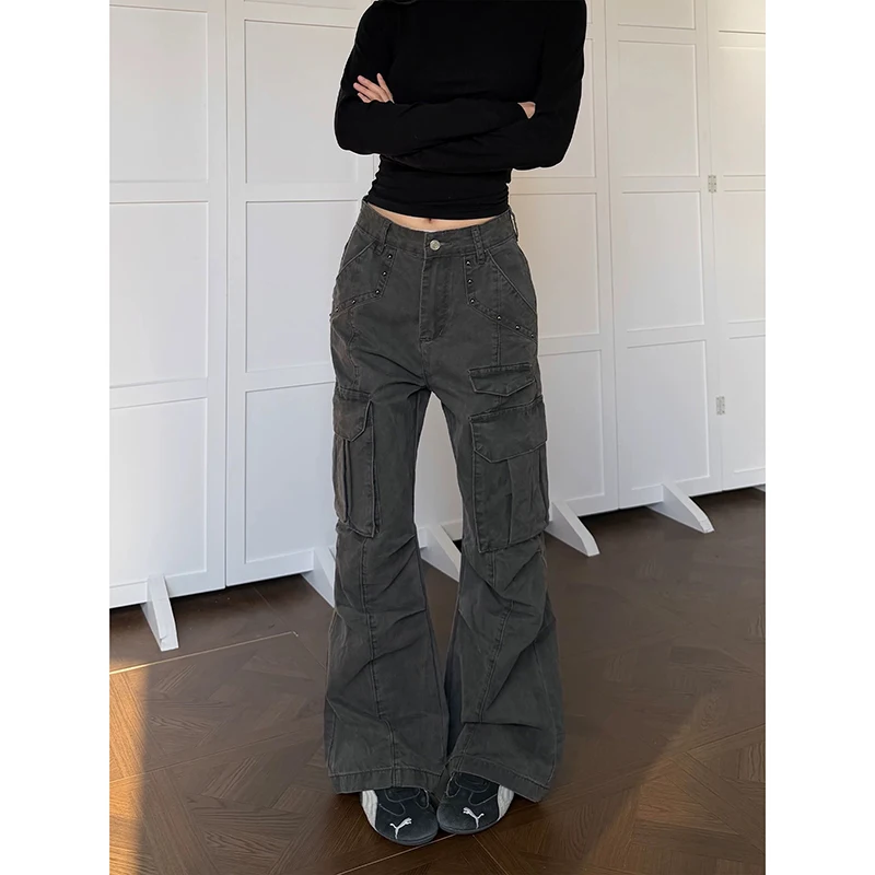 YIBASHU Women Vintage Gray Gothic Cargo Jeans Y2k High Waist Wide Leg Denim Trousers Harajuku Baggy Jeans Pants 2000s Clothes