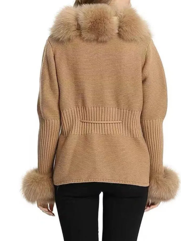 UCXQ Elegant Women's Coat European Style V-neck Imitation Fox Fur Cardigan All Match Spliced Knit Jacket 2025 Autumn Winter 1992