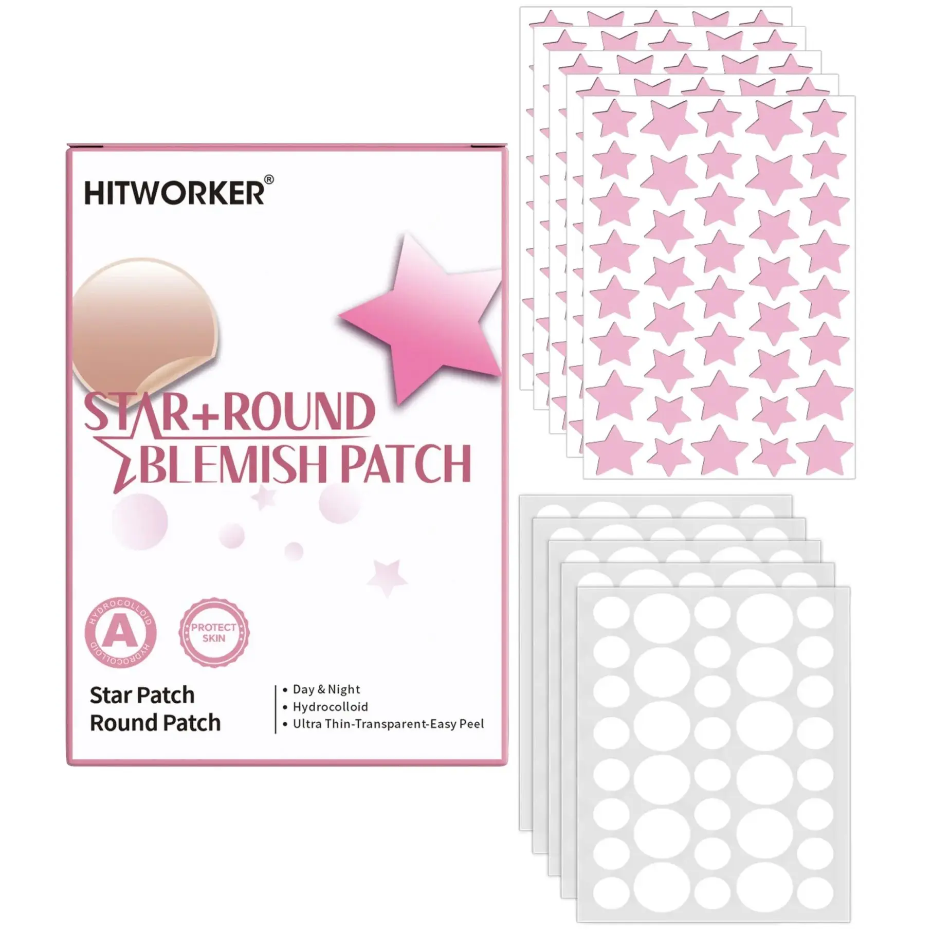 380 pcs hydrogel patch covering defects, pink star and transparent round patch combination, can be used as facial decoration