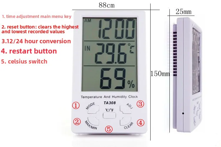 TA308 White Multi-function Extra Large Screen Thermo-Hygrometer Time Temperature Humidity Meter