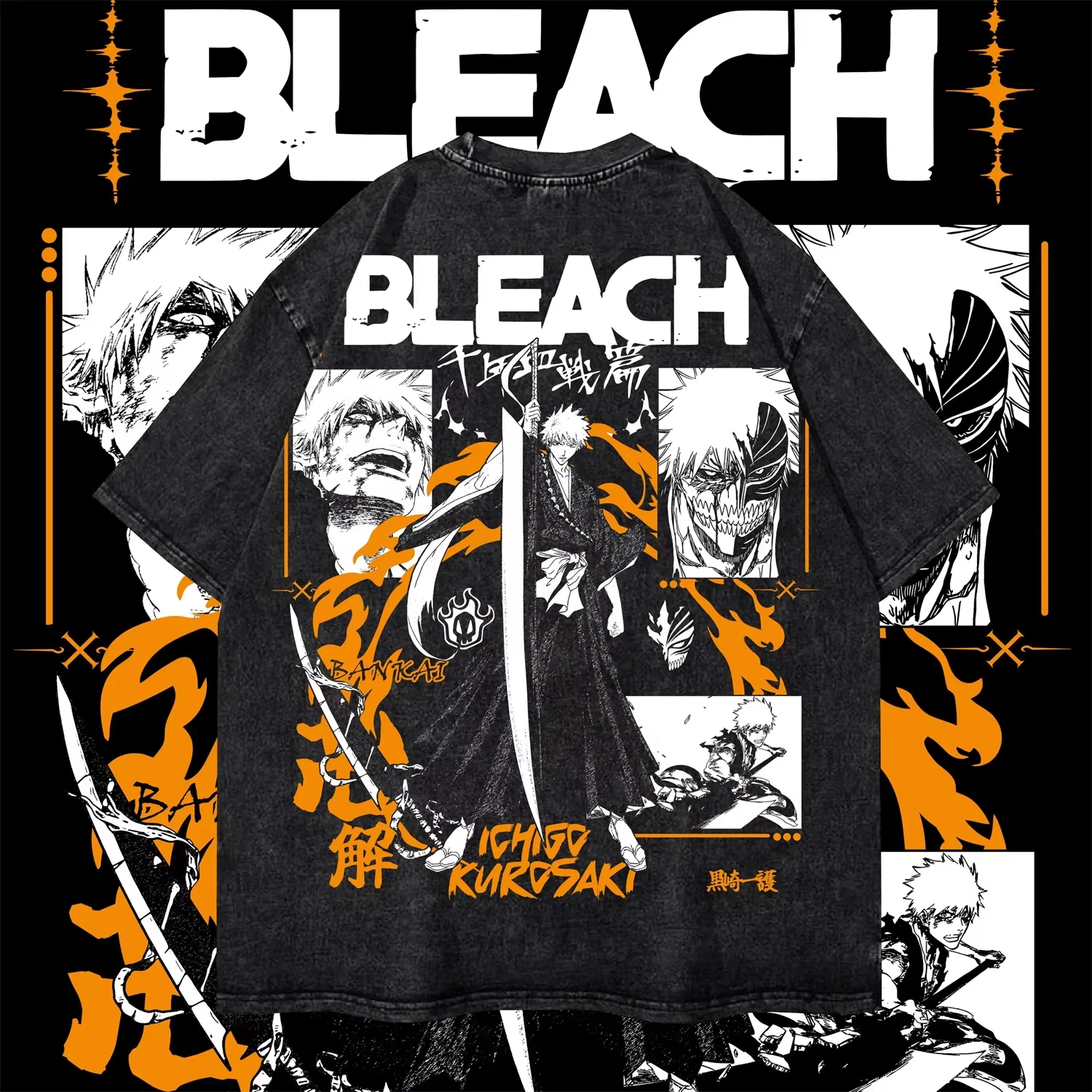 Hot Sale Anime BLEACH Ichigo Kurosaki Manga Graphic Print T-shirt Men Women O-neck Vintage Washed Cotton Oversize Summer New Tee