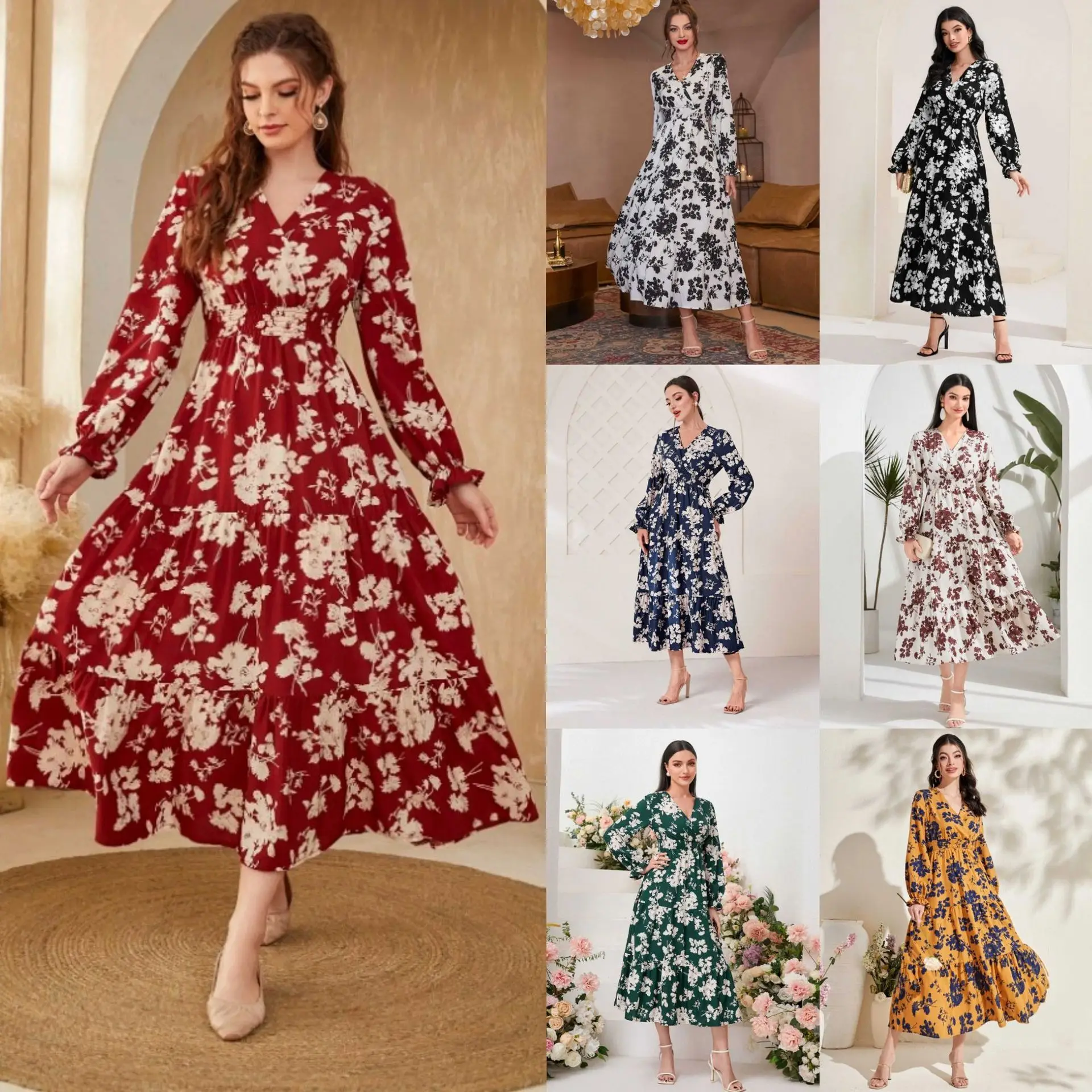 

2023 Autumn New Line Women's Elegant Casual V-neck Printed Cake Long Dress Fashion Long Sleeve Dress Women