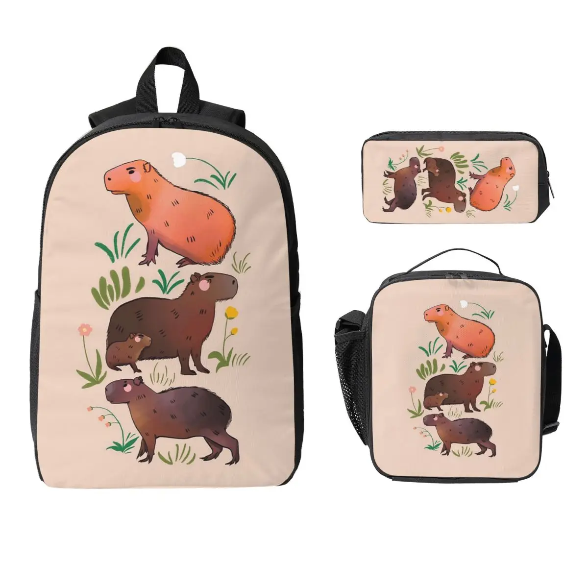 

Capybara Cute Green And Brown Animal Backpack Boys Girls BookBag School Bag Shoulder Bags 3ps Insulated Lunch Bag Pencil Case