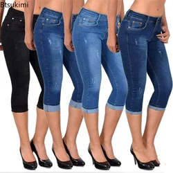 2024 Women's Summer Skinny Denim Pants Jeans Mid Waist Stretch Capri Pants Knee Length Trousers Black Blue Ladies Pencil Pants