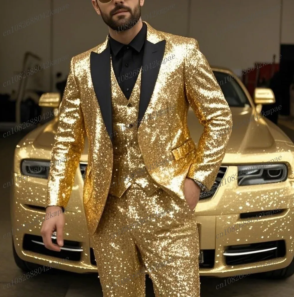 

Черный воротник с золотыми пайетками Формальный мужской костюм Жених Жених Свадебная вечеринка Пром Деловые мужские смокинги Комплект из 3 предметов Блейзер Жилет Брюки
