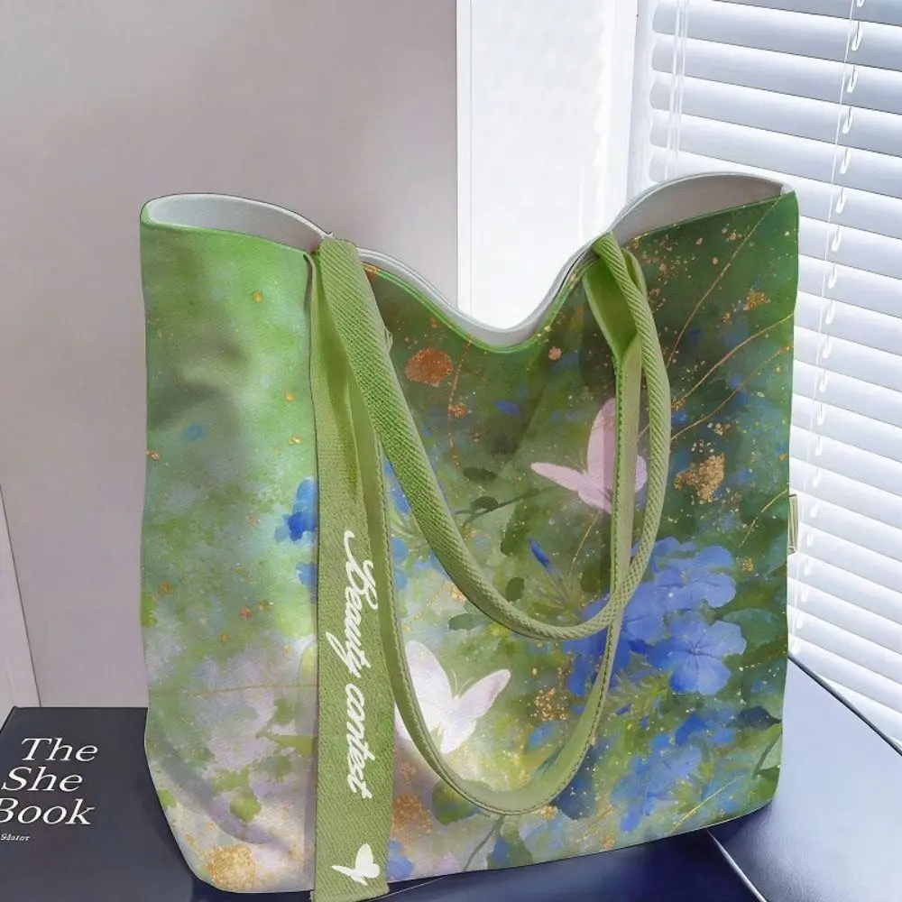 Canvas Canvas Tote Bag Large Capacity Oil Painting Style Floral Tote Bag Ribbon Detail Floral Butterfly Pattern
