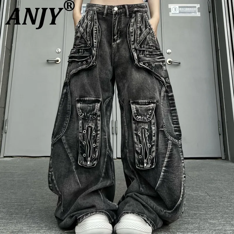

ANJY Spring Autumn New Women Streetwear Heavy Deconstructed Multi-Pocket Jeans Loose Vintage Spliced Wide-Leg Denim Pants A21827