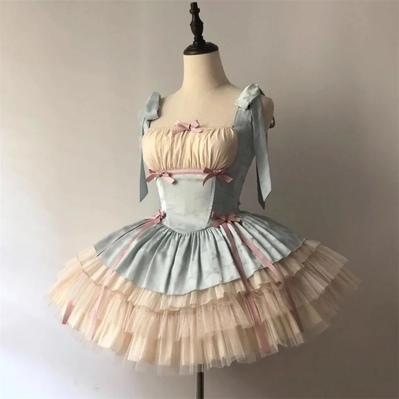 Robe Lolita en Satin élégante, col carré, volants, nœud, gâteau, bretelles, été, douce fille, manches courtes bouffantes, polyvalente, haut réducteur d'âge