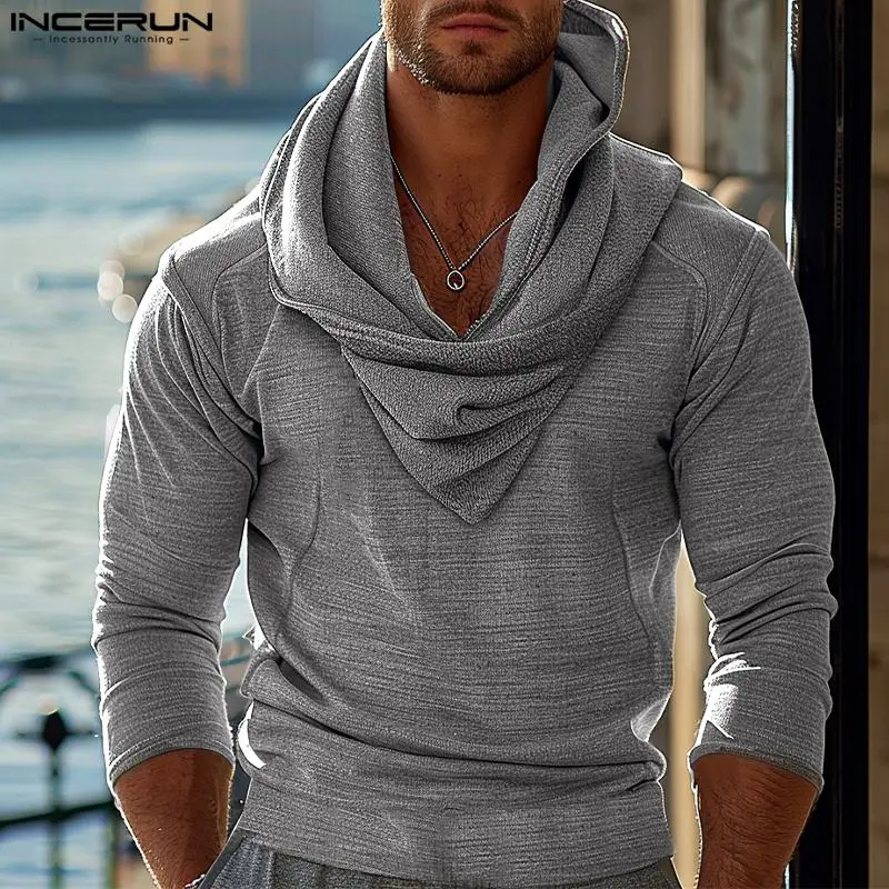 INCERUN Tops 2024 Autumn Winter New Mens Pile Neck Pattern Hoodies Casual Fashionable Male Long Sleeved Hooded Sweatshirts S-5XL