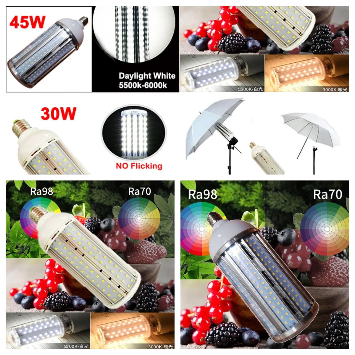 

High CRI Ra 95+ E27 30W/45W LED Bulbs Corn Light AC85-265V Daylight White Warm White for Photography Studio Video Room Kitchen