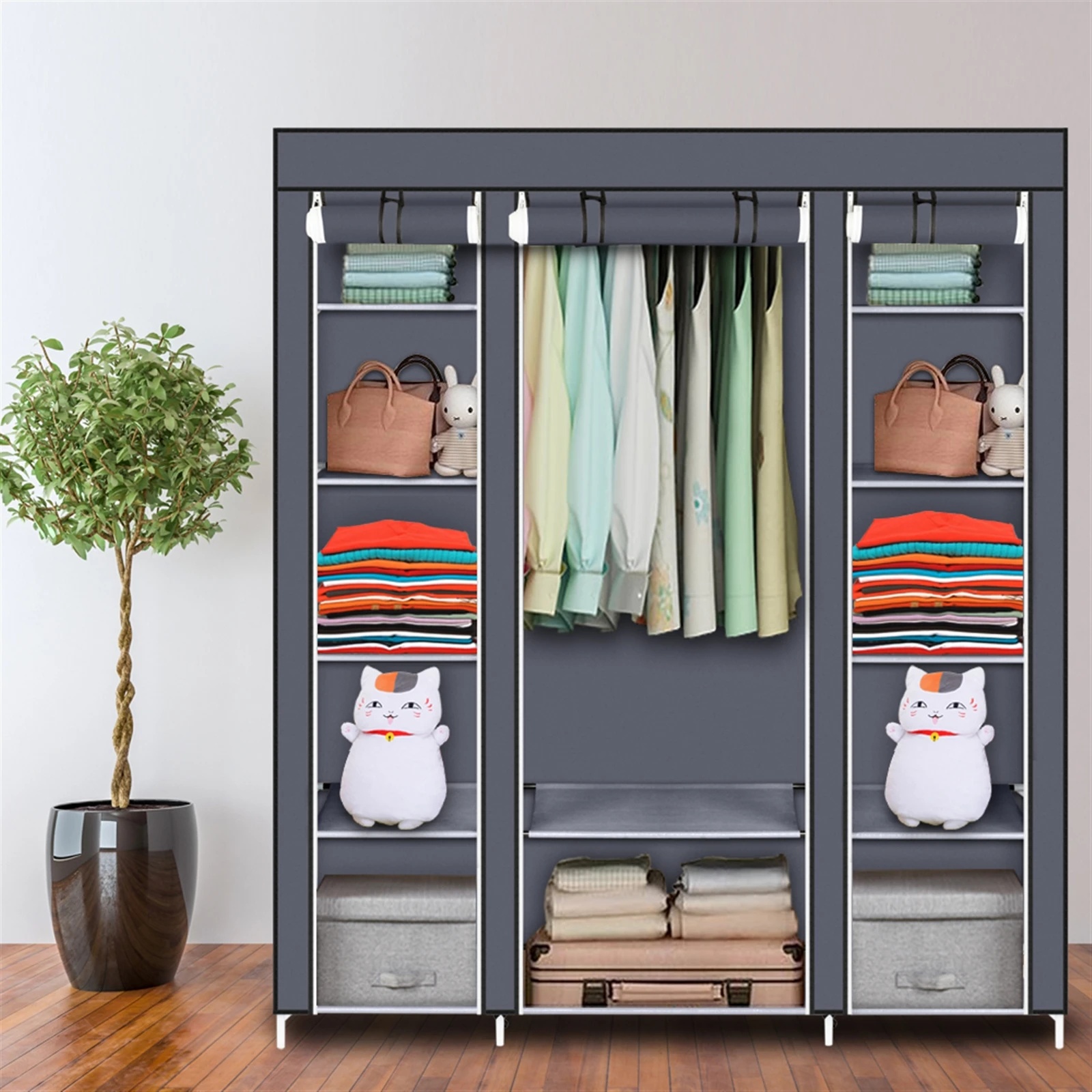 

69" Portable Clothes Closet Wardrobe Storage Organizer with Non-Woven Fabric Quick and Easy to Assemble Gray