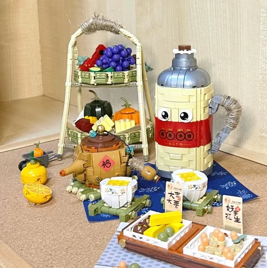 مجموعة مكعبات بناء صغيرة مقلدة ألغاز أدوات الشاي الصينية العتيقة للطعام ديم سوم للأطفال ألعاب تعليمية 1390 1391 ذاتية الصنع هدايا الطوب