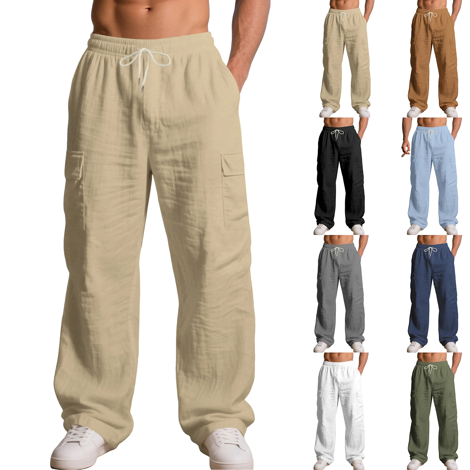 

YHOPE мужские льняные брюки дышащая спецодежда с несколькими карманами свободные и непринужденные широкие брюки