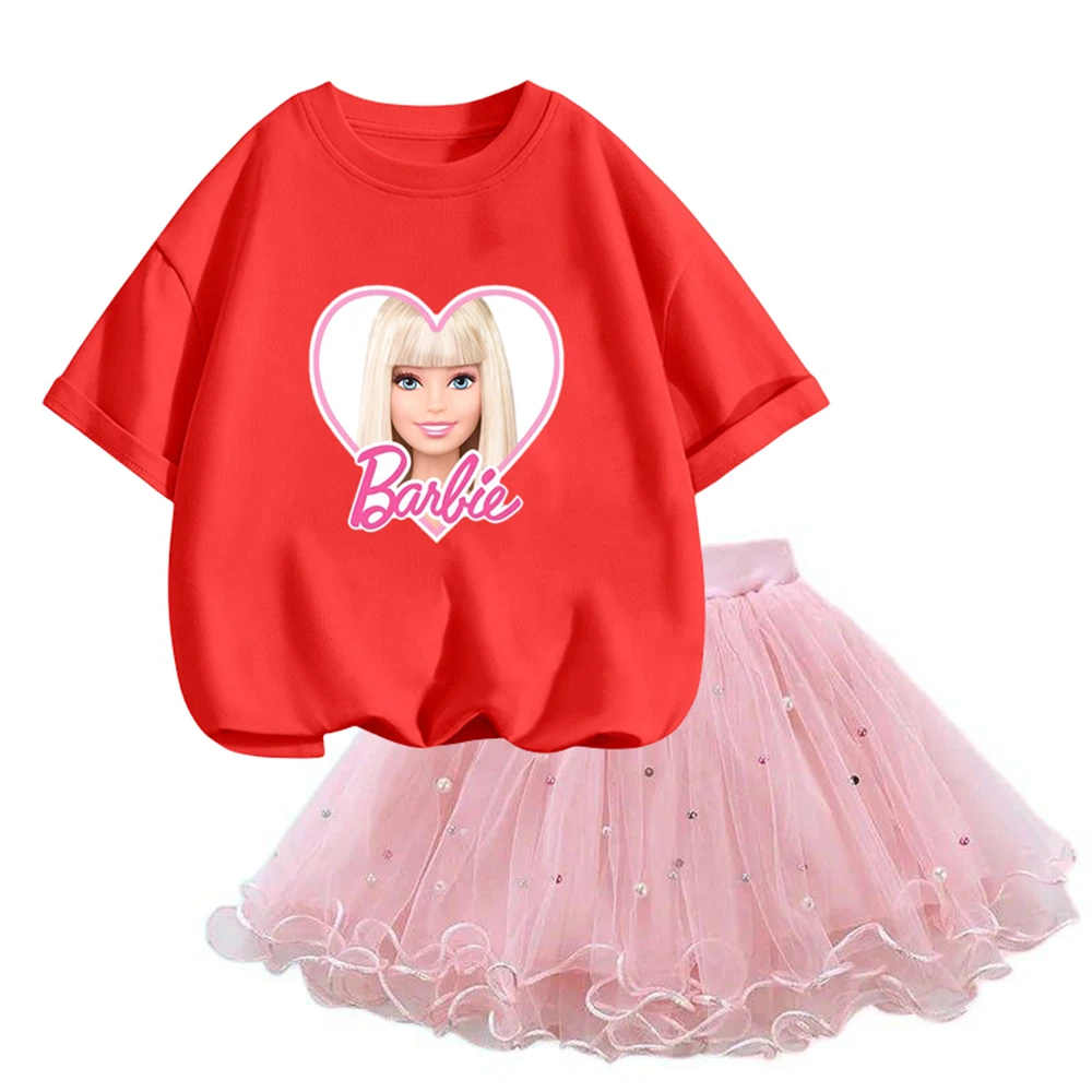 Fashion Children Party Clothing Girls Barbie Clothes Korean Pretty T Shirt&mesh Tutu Skirt Two Piece Outfits Set 3-14 Years