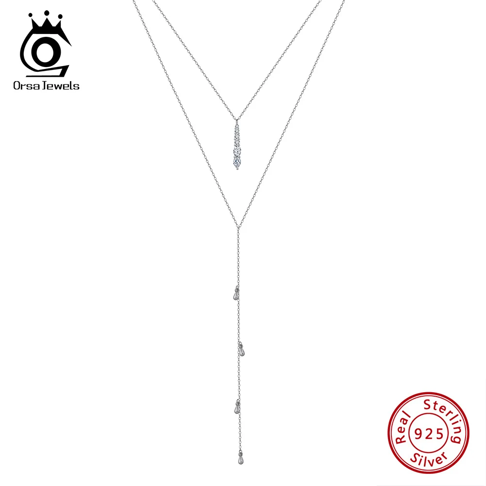 

ORSA JEWELS Genuine 925 Sterling Silver 5A Clear CZ Necklace Simple Classical Chain for Women Party Handmade Jewelry BQN11