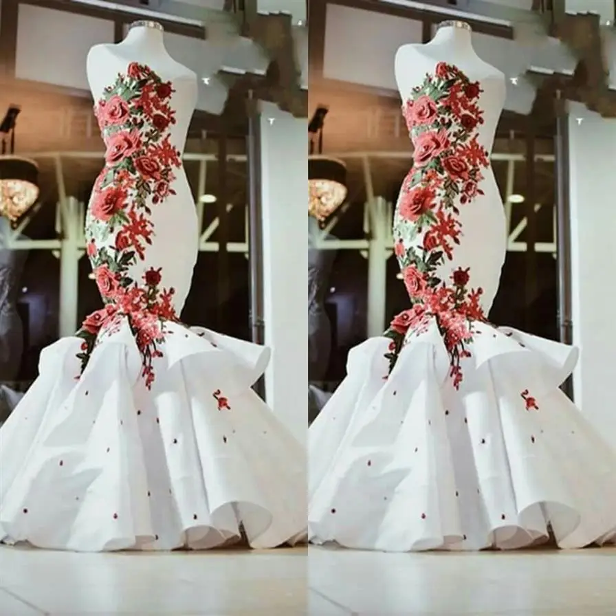 Red and White 3D Floral Flowers Mermaid Wedding Dress lace-up corset Sweetheart Satin Beading Ruched South Arabic bridal gowns