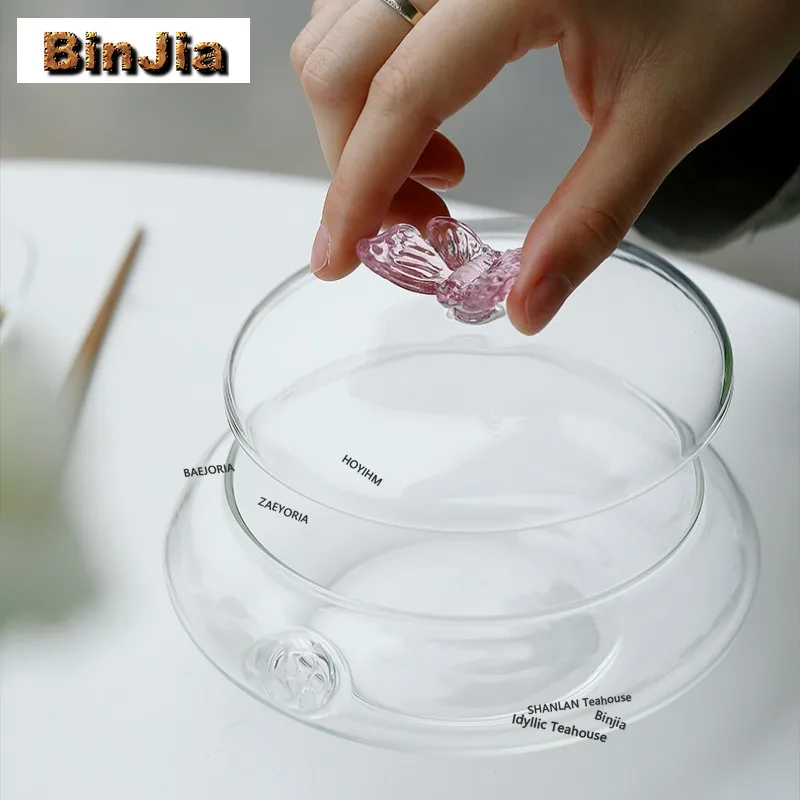 BAEJORIA 380ml Pink Butterfly Transparent Glass Water Jug Heat-resistant Water Kettle Hot And Cold Water Pitcher Tea Services