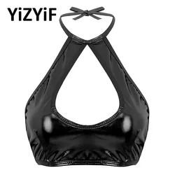 Womens Leather Halter Top Sexy Pole Dance Crop Top Wet Look Latex Cut Out Front Clubwear Camisole Exotic Vest Camis Tanks