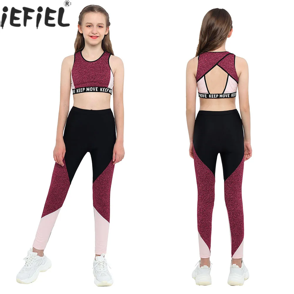 Kids Girls Dancewear Gymnastics Sets Ballet Dance Outfits Patchwork Sports Tank Tops Leggings Pants Yoga Running Workout Sets