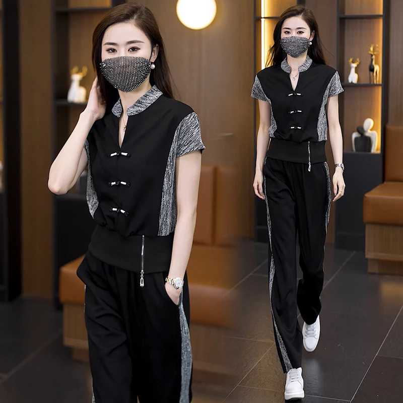 

Summer Sportswear Set Women's Fashionable Loose Wide Leg Pants Short Sleeve Two Piece Set Korean Style Commute Casual Cotton