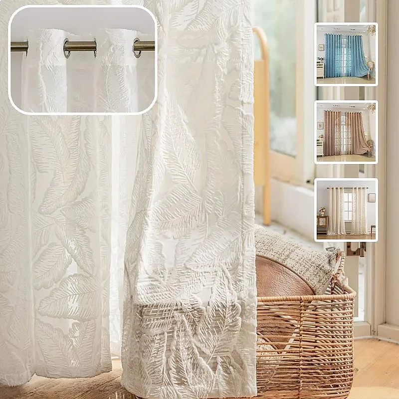 3D Leaves Flocking Tulle Curtain Translucent Light Filtering Privacy Protection Breathable Polyester Drapes for Bedroom Balcony