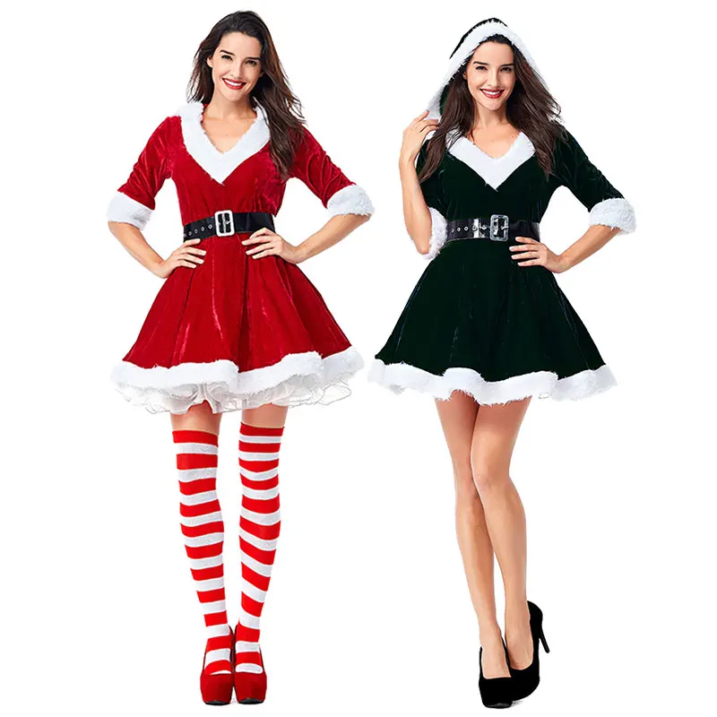 

Women's Velvet Miss Claus Dress Suit Women Christmas Fancy Party Dress Sexy Santa Outfits Hoodie Santa Claus Cosplay Costumes