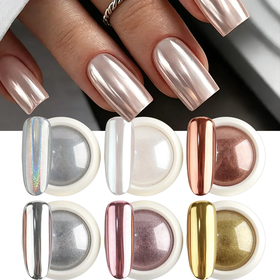 6 Stück Spiegelchrom-Nagelpuder Metallisch Holographisch Silber Gold Weiß Kupfer Rosé Nagelpigment Glitzer Maniküre-Dekorationen