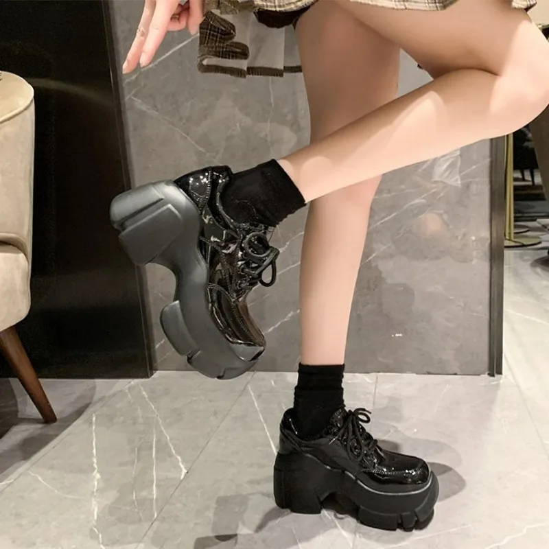 Platform Wedge Sneakers Chunky Shoes PU Leather Women Black Shoes 2023 Spring Autumn Walking Sneakers Fashion Women Tennis Shoes