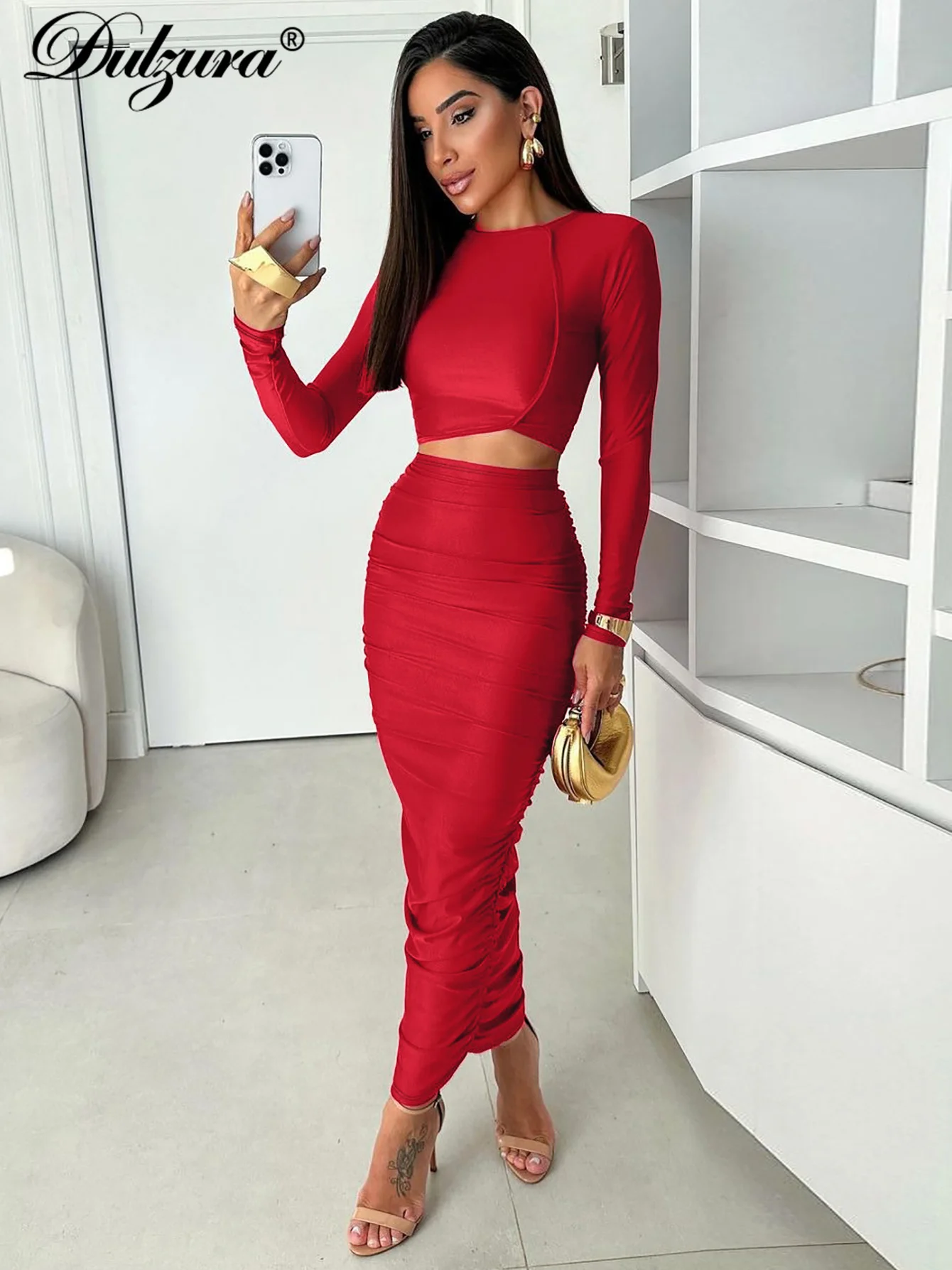 Dulzura Sexy Elegant Matching Suits Long Sleeves Top Ruched Midi Dress Sets Women Outfits Cocktail Evening Party Club Event Y2K