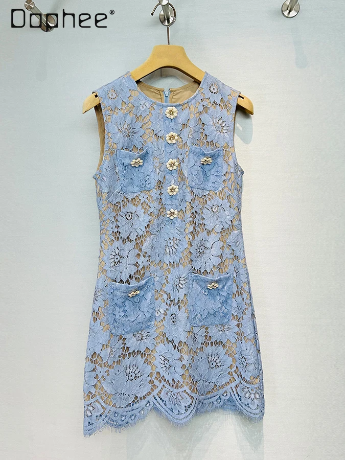 

High End Temperament Socialite Lace Dress Blue Print Sleeveless Vest Dresses Round Neck Pocket Flower Drill Buckle A-line Dress