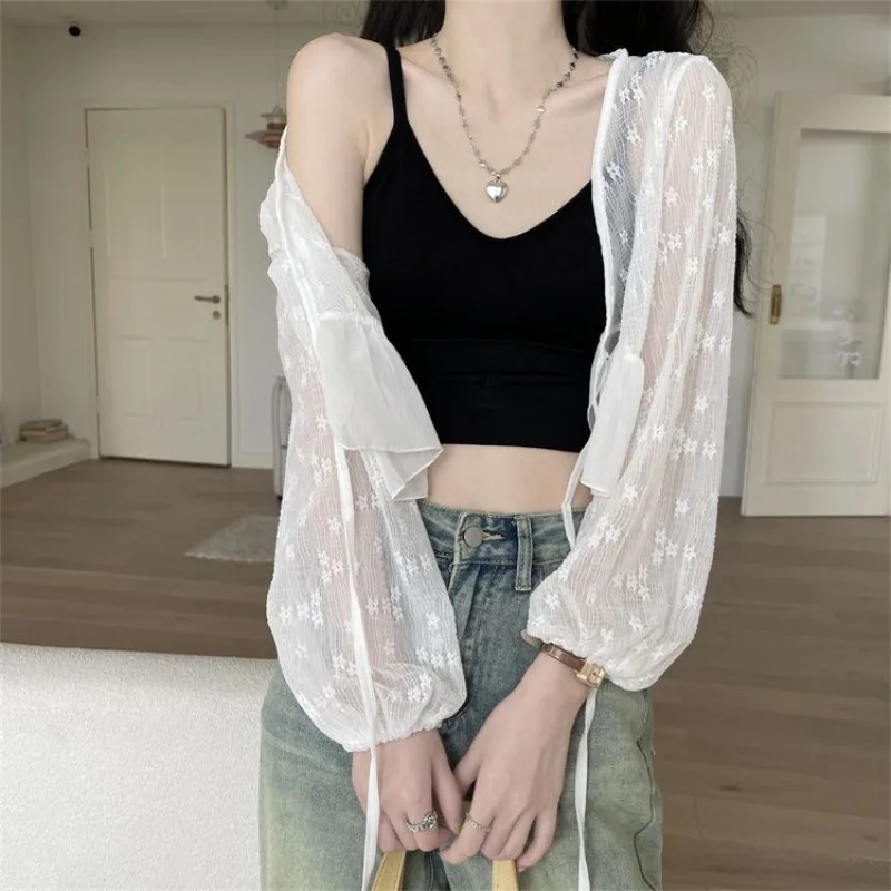 Cardigans Women Ruffles Sweet Elegant V-neck Lace Patchwork Sun Protection Long Sleeve Thin See Through Korean Fashion Summer