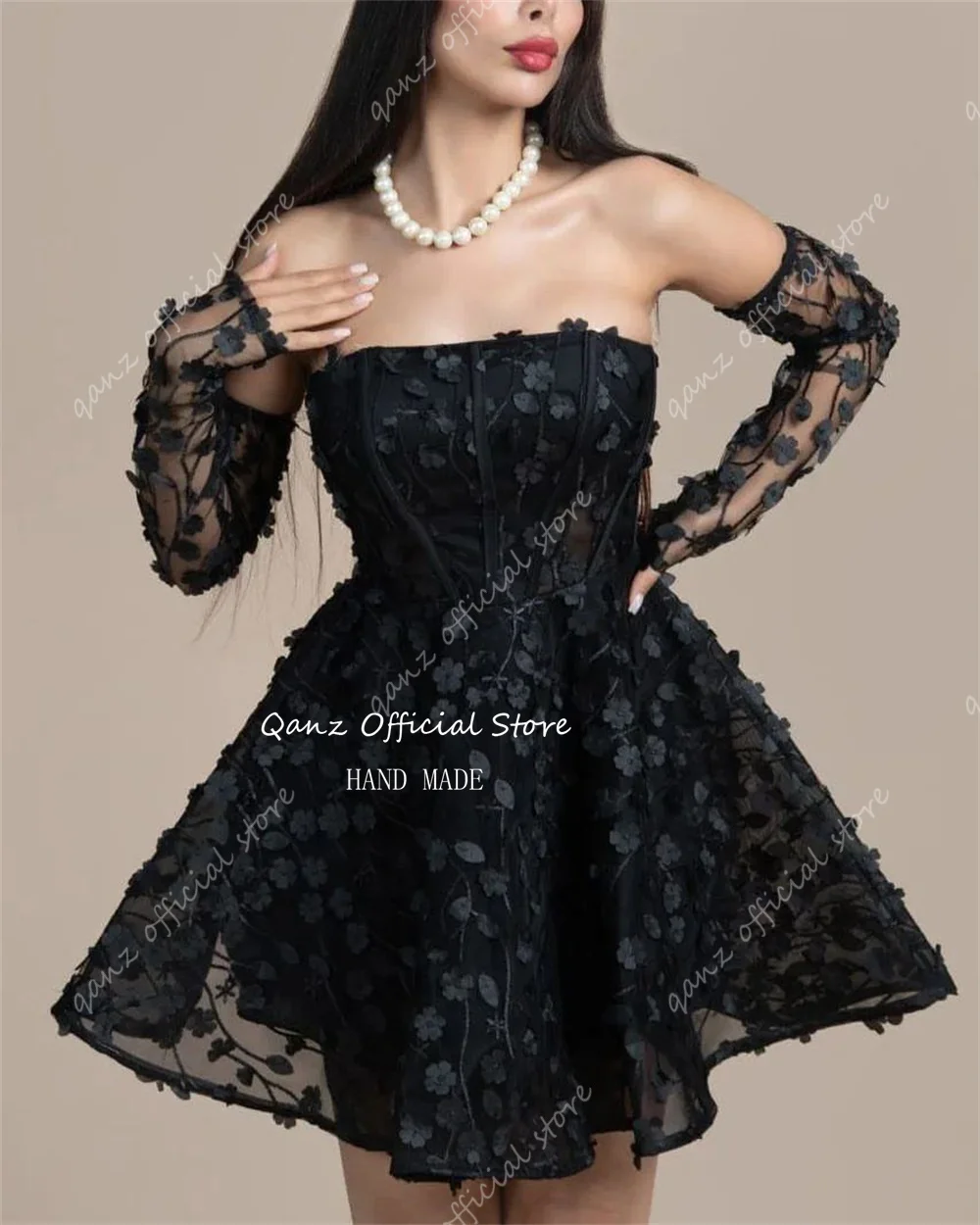 Qanz Delicate Appliques Prom Dresses Long Sleeves Black Short A Line Robes De Soirée Lace Up Back Birthday Dresses Luxury 2024