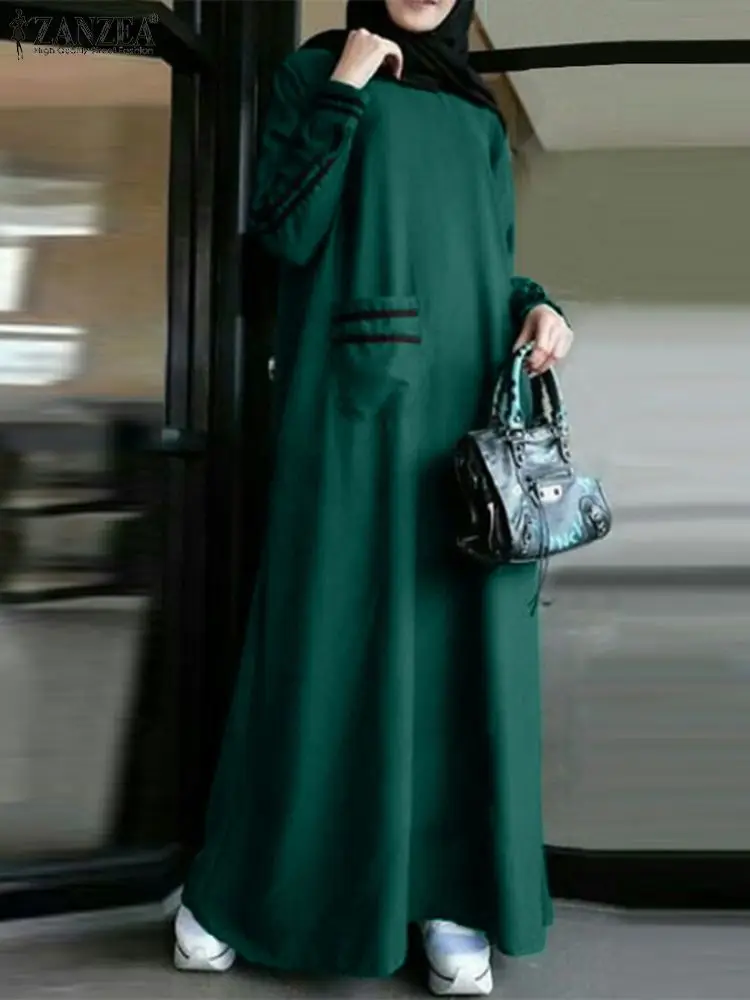 ZANZEA-vestido de verão muçulmano para mulheres, Turquia Abaya, vestido maxi de manga comprida, roupa feminina islâmica, vestidos de moda, outono