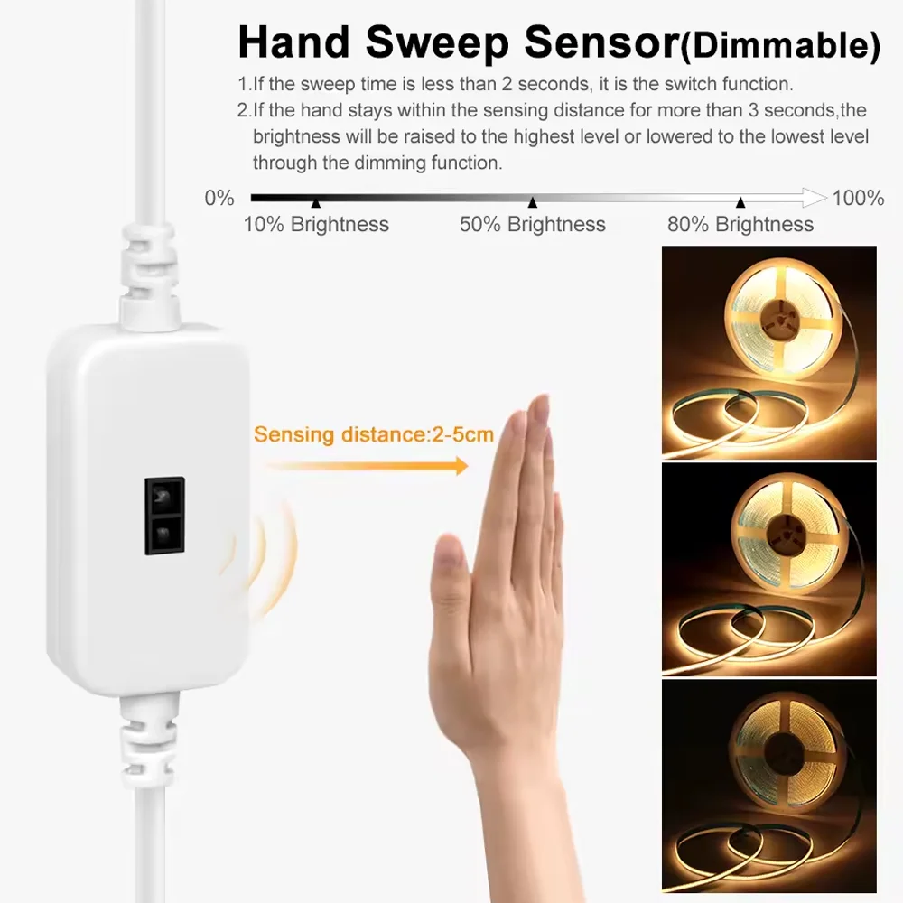 USB DC 5V COB LED Strip Light 320leds/m 1-5M Hand Scan / Dimmable Touch Sensor Switch/ Push Switch for WardrobeTV Mirror Kitchen