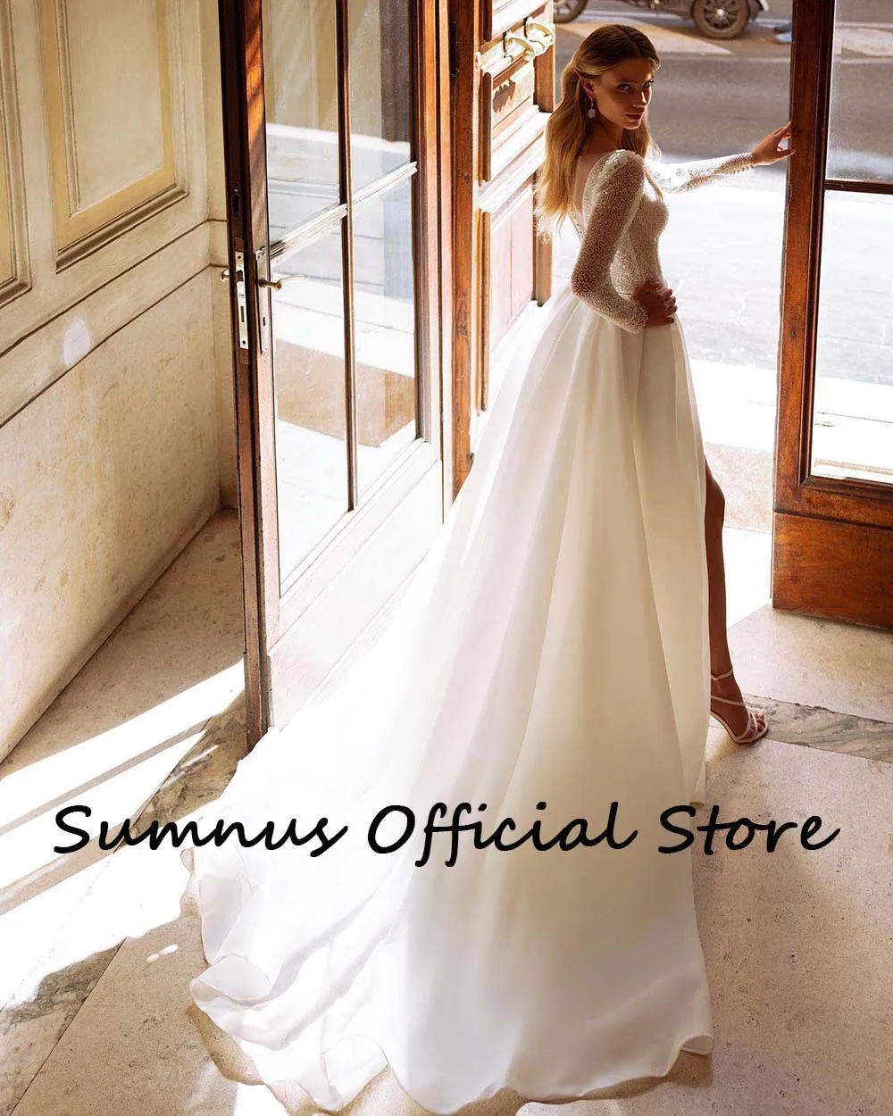 Sumnus glitter branco a linha vestidos de casamento manga longa sheer v pescoço vestido de noiva divisão lateral com trem vestidos de casamento personalizados