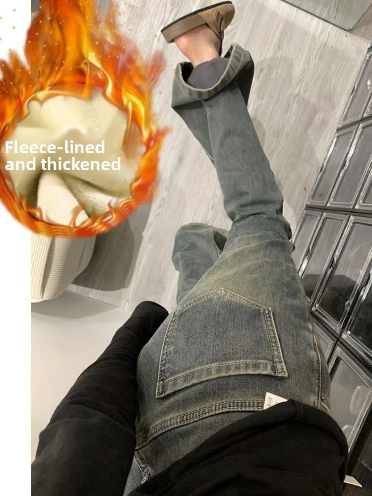 

Женские джинсы в стиле ретро, с высокой талией, облегающие, длинные, осенне-зимние, новые, теплые, широкие брюки, модные.